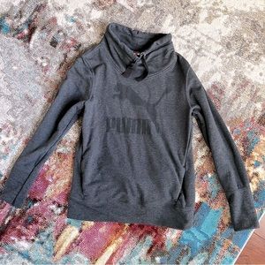 Puma dark grey + black cowl tie neck pull over sweater hoodie women’s small EUC